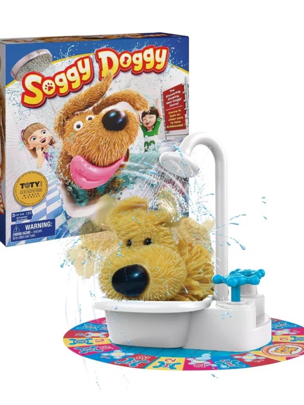 Soggy Doggy award-winning board game featuring a showering, shaking dog.